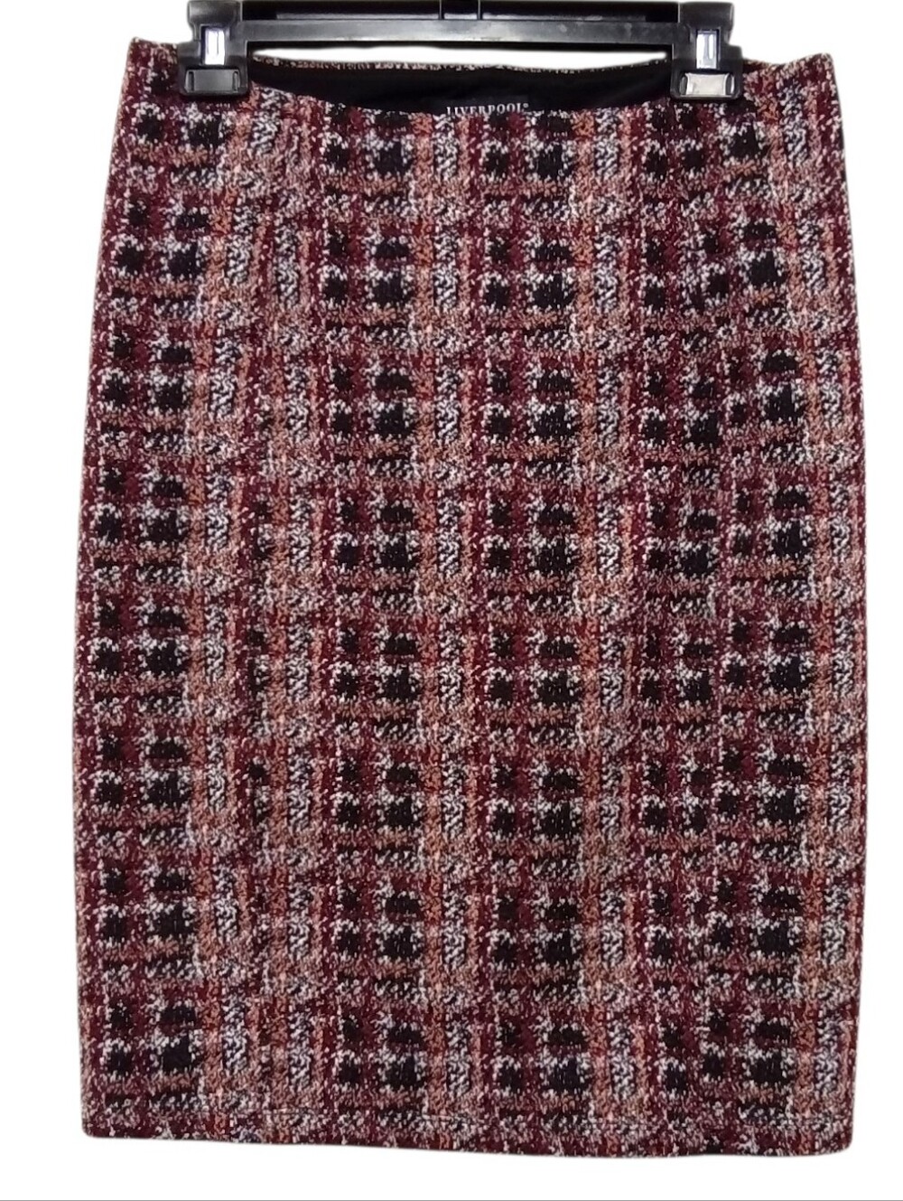 Liverpool Los Angeles Tweed Pencil Skirt Womens 10 Pull On Back Slit Burgundy